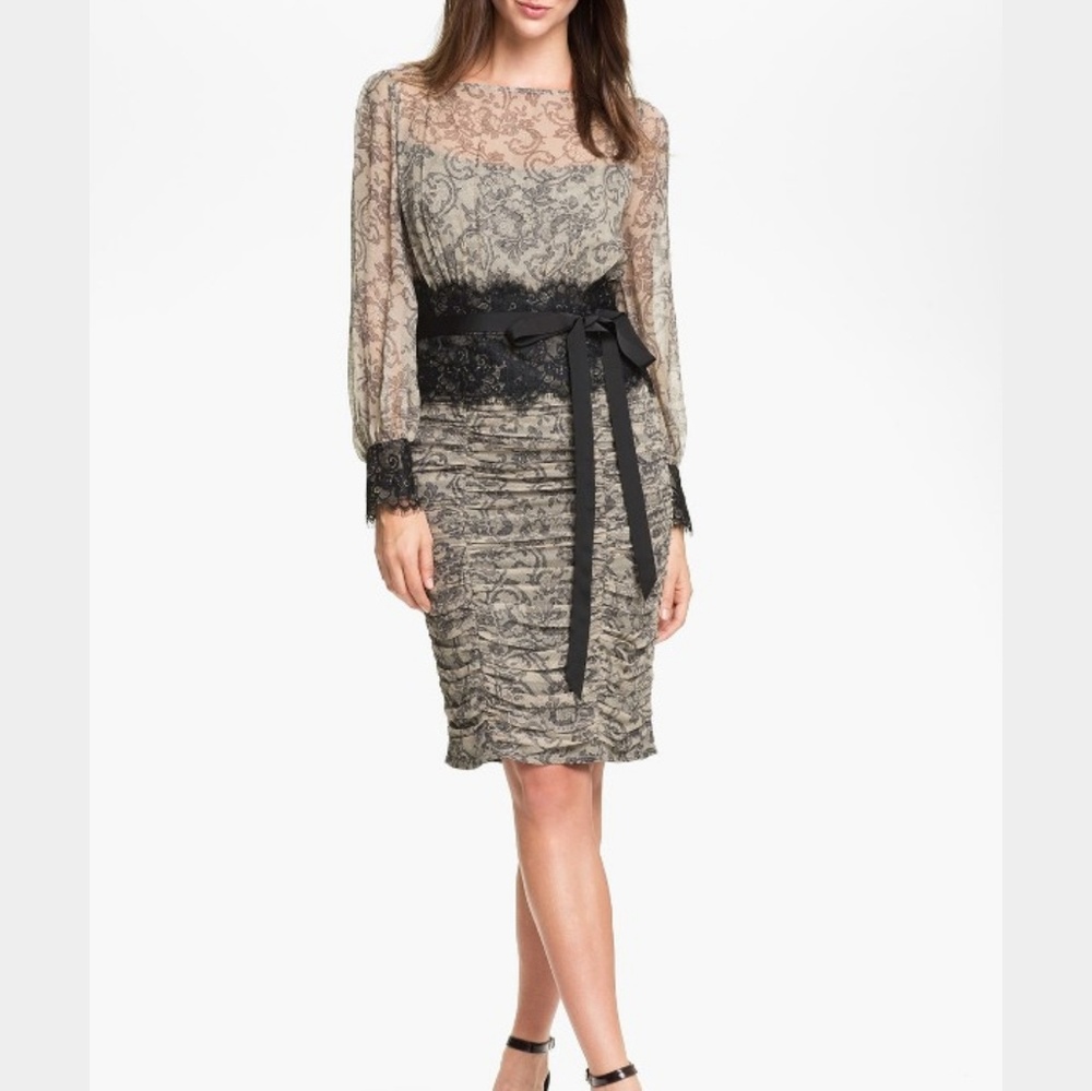 Tadashi Shoji Print Silk and Lace Dress